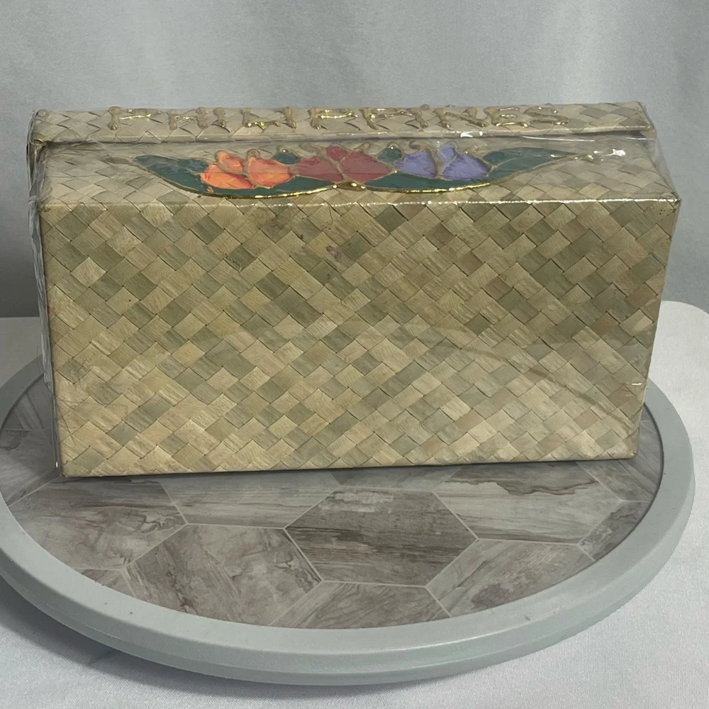 Philippines Woven Tissue Box Cover Hand-Painted Flowers Gold Accents 9.5”